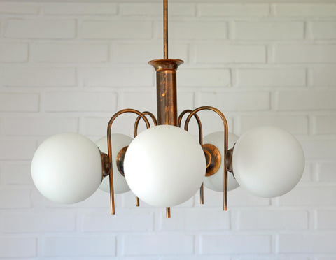 Vintage Solid Copper Sputnik Chandelier | 5 Globe Opaline Glass Pendant Light | Mid Century Modern Spider Ceiling Lamp | Yugoslavia 1970s