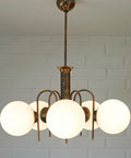 Vintage Solid Copper Sputnik Chandelier | 5 Globe Opaline Glass Pendant Light | Mid Century Modern Spider Ceiling Lamp | Yugoslavia 1970s