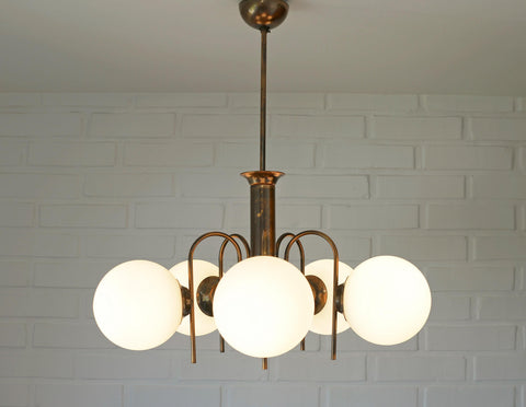 Vintage Solid Copper Sputnik Chandelier | 5 Globe Opaline Glass Pendant Light | Mid Century Modern Spider Ceiling Lamp | Yugoslavia 1970s