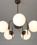 Vintage Solid Copper Sputnik Chandelier | 5 Globe Opaline Glass Pendant Light | Mid Century Modern Spider Ceiling Lamp | Yugoslavia 1970s