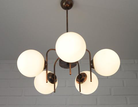 Vintage Solid Copper Sputnik Chandelier | 5 Globe Opaline Glass Pendant Light | Mid Century Modern Spider Ceiling Lamp | Yugoslavia 1970s