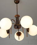 Vintage Solid Copper Sputnik Chandelier | 5 Globe Opaline Glass Pendant Light | Mid Century Modern Spider Ceiling Lamp | Yugoslavia 1970s