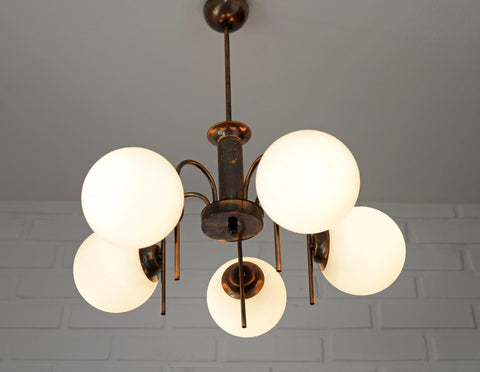 Vintage Solid Copper Sputnik Chandelier | 5 Globe Opaline Glass Pendant Light | Mid Century Modern Spider Ceiling Lamp | Yugoslavia 1970s