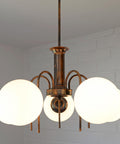 Vintage Solid Copper Sputnik Chandelier | 5 Globe Opaline Glass Pendant Light | Mid Century Modern Spider Ceiling Lamp | Yugoslavia 1970s