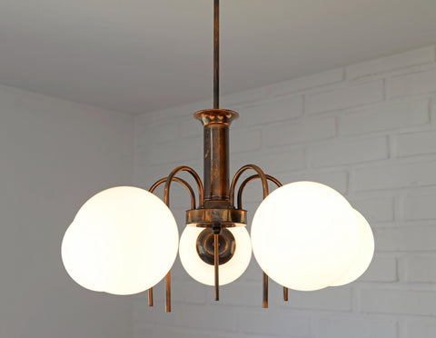 Vintage Solid Copper Sputnik Chandelier | 5 Globe Opaline Glass Pendant Light | Mid Century Modern Spider Ceiling Lamp | Yugoslavia 1970s