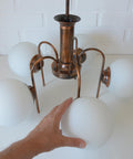 Vintage Solid Copper Sputnik Chandelier | 5 Globe Opaline Glass Pendant Light | Mid Century Modern Spider Ceiling Lamp | Yugoslavia 1970s