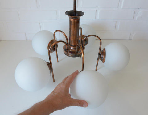 Vintage Solid Copper Sputnik Chandelier | 5 Globe Opaline Glass Pendant Light | Mid Century Modern Spider Ceiling Lamp | Yugoslavia 1970s