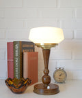Art Deco Table Lamp | Vintage White Opaline Mushroom Glass | Restored Solid Wood | Fully Rewired | Bauhaus Style