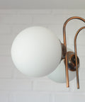 Vintage Solid Copper Sputnik Chandelier | 5 Globe Opaline Glass Pendant Light | Mid Century Modern Spider Ceiling Lamp | Yugoslavia 1970s