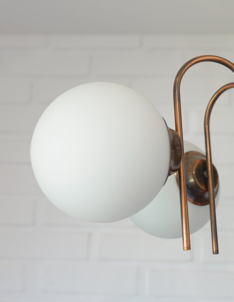 Vintage Solid Copper Sputnik Chandelier | 5 Globe Opaline Glass Pendant Light | Mid Century Modern Spider Ceiling Lamp | Yugoslavia 1970s