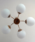 Vintage Solid Copper Sputnik Chandelier | 5 Globe Opaline Glass Pendant Light | Mid Century Modern Spider Ceiling Lamp | Yugoslavia 1970s