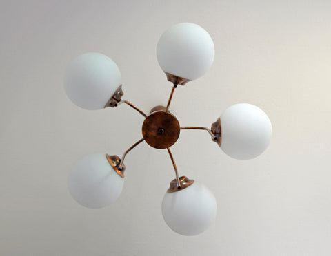 Vintage Solid Copper Sputnik Chandelier | 5 Globe Opaline Glass Pendant Light | Mid Century Modern Spider Ceiling Lamp | Yugoslavia 1970s