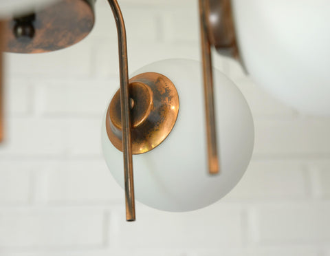 Vintage Solid Copper Sputnik Chandelier | 5 Globe Opaline Glass Pendant Light | Mid Century Modern Spider Ceiling Lamp | Yugoslavia 1970s