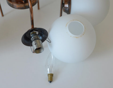Vintage Solid Copper Sputnik Chandelier | 5 Globe Opaline Glass Pendant Light | Mid Century Modern Spider Ceiling Lamp | Yugoslavia 1970s