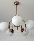 Vintage Solid Copper Sputnik Chandelier | 5 Globe Opaline Glass Pendant Light | Mid Century Modern Spider Ceiling Lamp | Yugoslavia 1970s