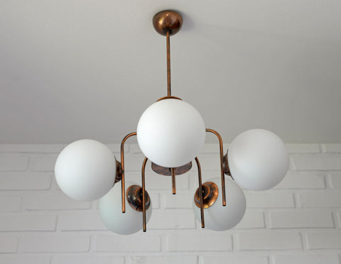 Vintage Solid Copper Sputnik Chandelier | 5 Globe Opaline Glass Pendant Light | Mid Century Modern Spider Ceiling Lamp | Yugoslavia 1970s