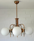 Vintage Solid Copper Sputnik Chandelier | 5 Globe Opaline Glass Pendant Light | Mid Century Modern Spider Ceiling Lamp | Yugoslavia 1970s