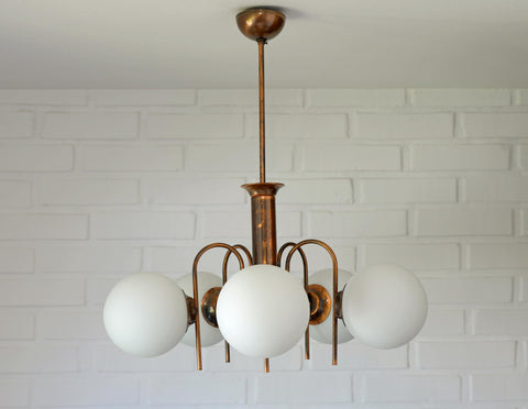Vintage Solid Copper Sputnik Chandelier | 5 Globe Opaline Glass Pendant Light | Mid Century Modern Spider Ceiling Lamp | Yugoslavia 1970s