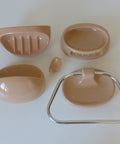 Vintage Bathroom Wall Accessory Set | 1980s Yugoslavia | Beige Cappuccino Ceramics | Retro Towel Holder | Soap Dishes | Toothbrush Holder