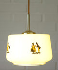 1950s Yugoslav Vintage Pendant Light, Caramel Opaline Glass Lamp, Romantic Courting Scene, Restored Mid Century Ceiling Light