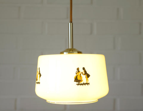 1950s Yugoslav Vintage Pendant Light, Caramel Opaline Glass Lamp, Romantic Courting Scene, Restored Mid Century Ceiling Light