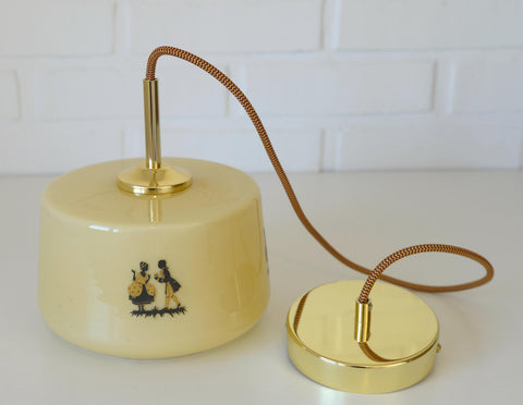 1950s Yugoslav Vintage Pendant Light, Caramel Opaline Glass Lamp, Romantic Courting Scene, Restored Mid Century Ceiling Light