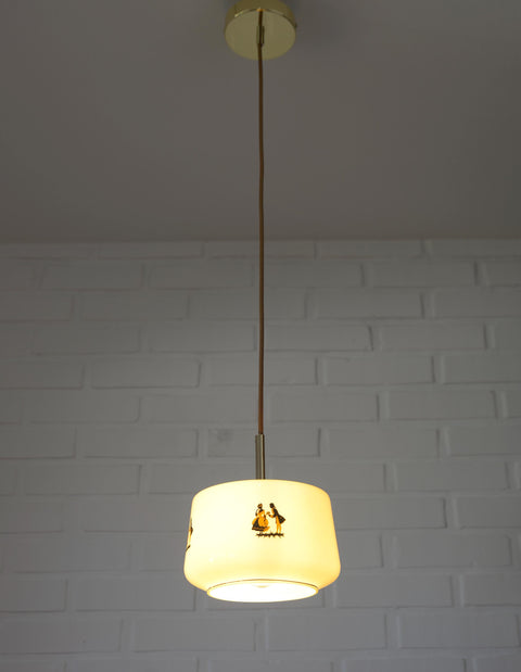 1950s Yugoslav Vintage Pendant Light, Caramel Opaline Glass Lamp, Romantic Courting Scene, Restored Mid Century Ceiling Light