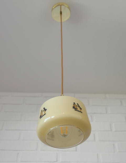 1950s Yugoslav Vintage Pendant Light, Caramel Opaline Glass Lamp, Romantic Courting Scene, Restored Mid Century Ceiling Light