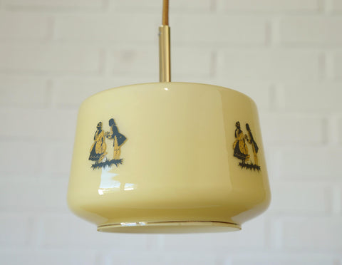 1950s Yugoslav Vintage Pendant Light, Caramel Opaline Glass Lamp, Romantic Courting Scene, Restored Mid Century Ceiling Light