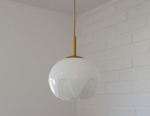 Rare Vintage Artichoke Opaline Glass Pendant Light, 1970s Yugoslavia, Brass MCM Ceiling Lamp, Space Age Hanging Light, Redesign