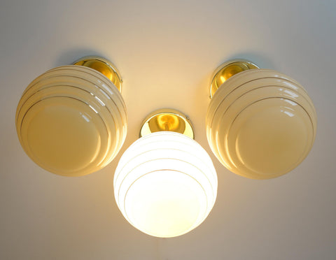 Set of 3 Art Deco Semi Flush Ceiling Lights | 1940s Beige Hand Blown Glass Shades | Gold Detail Kitchen Island Lighting