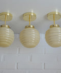 Set of 3 Art Deco Semi Flush Ceiling Lights | 1940s Beige Hand Blown Glass Shades | Gold Detail Kitchen Island Lighting