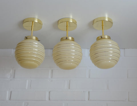 Set of 3 Art Deco Semi Flush Ceiling Lights | 1940s Beige Hand Blown Glass Shades | Gold Detail Kitchen Island Lighting