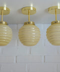 Set of 3 Art Deco Semi Flush Ceiling Lights | 1940s Beige Hand Blown Glass Shades | Gold Detail Kitchen Island Lighting