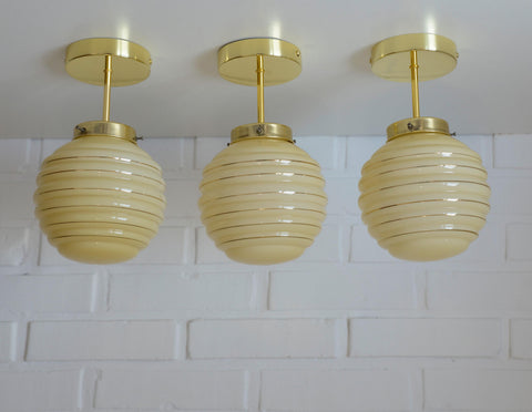 Set of 3 Art Deco Semi Flush Ceiling Lights | 1940s Beige Hand Blown Glass Shades | Gold Detail Kitchen Island Lighting