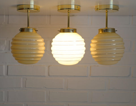 Set of 3 Art Deco Semi Flush Ceiling Lights | 1940s Beige Hand Blown Glass Shades | Gold Detail Kitchen Island Lighting