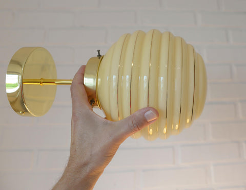 Set of 3 Art Deco Semi Flush Ceiling Lights | 1940s Beige Hand Blown Glass Shades | Gold Detail Kitchen Island Lighting