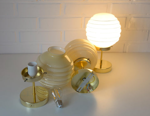 Set of 3 Art Deco Semi Flush Ceiling Lights | 1940s Beige Hand Blown Glass Shades | Gold Detail Kitchen Island Lighting