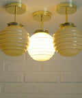Set of 3 Art Deco Semi Flush Ceiling Lights | 1940s Beige Hand Blown Glass Shades | Gold Detail Kitchen Island Lighting