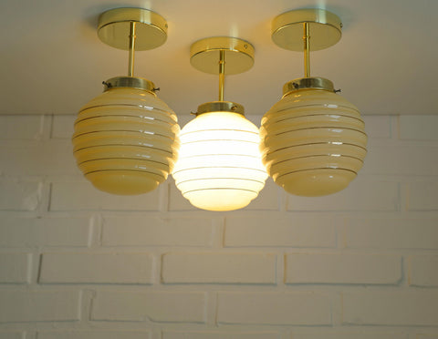 Set of 3 Art Deco Semi Flush Ceiling Lights | 1940s Beige Hand Blown Glass Shades | Gold Detail Kitchen Island Lighting