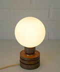 Vintage Yugoslav Table Lamp / 1980s Brutalist Wood and Brass Bedside Light with Hand Blown Frosted Glass Globe