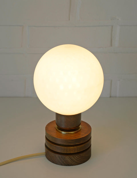 Vintage Yugoslav Table Lamp / 1980s Brutalist Wood and Brass Bedside Light with Hand Blown Frosted Glass Globe