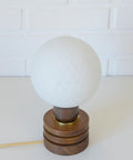Vintage Yugoslav Table Lamp / 1980s Brutalist Wood and Brass Bedside Light with Hand Blown Frosted Glass Globe