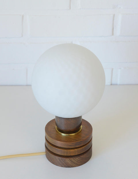 Vintage Yugoslav Table Lamp / 1980s Brutalist Wood and Brass Bedside Light with Hand Blown Frosted Glass Globe