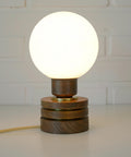 Vintage Yugoslav Table Lamp / 1980s Brutalist Wood and Brass Bedside Light with Hand Blown Frosted Glass Globe