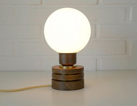 Vintage Yugoslav Table Lamp / 1980s Brutalist Wood and Brass Bedside Light with Hand Blown Frosted Glass Globe