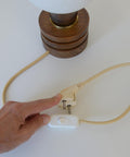 Vintage Yugoslav Table Lamp / 1980s Brutalist Wood and Brass Bedside Light with Hand Blown Frosted Glass Globe
