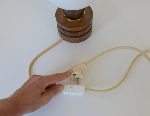 Vintage Yugoslav Table Lamp / 1980s Brutalist Wood and Brass Bedside Light with Hand Blown Frosted Glass Globe