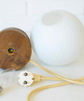 Vintage Yugoslav Table Lamp / 1980s Brutalist Wood and Brass Bedside Light with Hand Blown Frosted Glass Globe