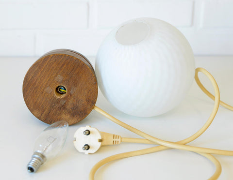 Vintage Yugoslav Table Lamp / 1980s Brutalist Wood and Brass Bedside Light with Hand Blown Frosted Glass Globe